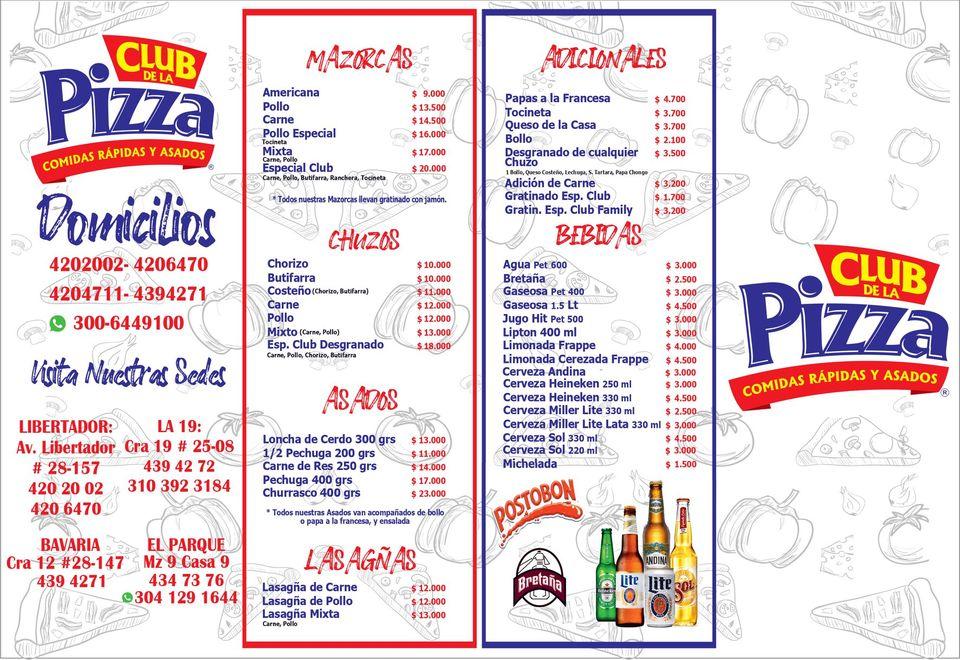 Menu at Club De La Pizza, Santa Marta, Av. El Libertador #2251 22- a