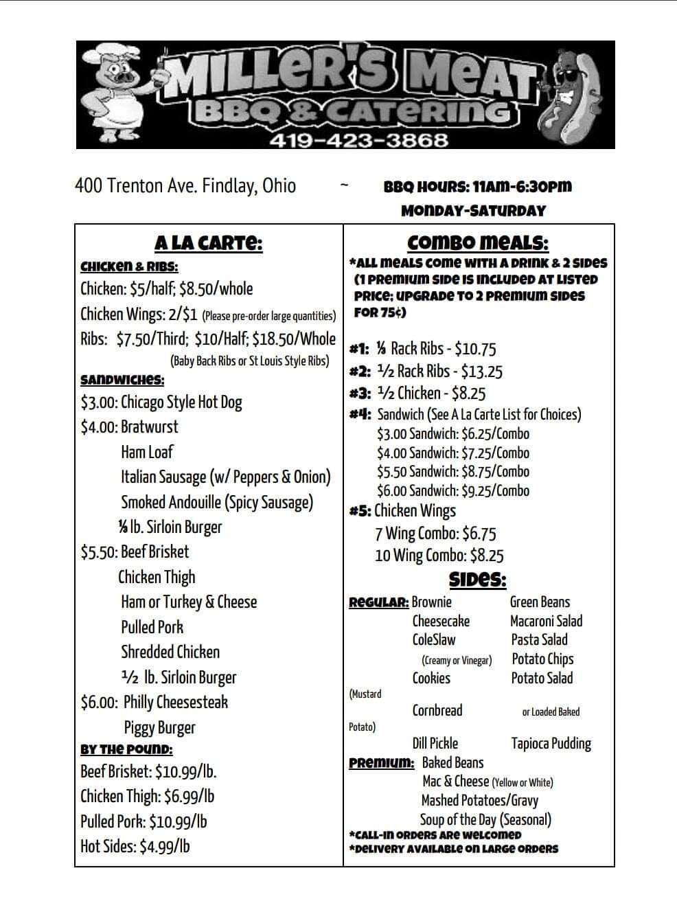 Menu at Miller's Meats, BBQ & Catering, Findlay