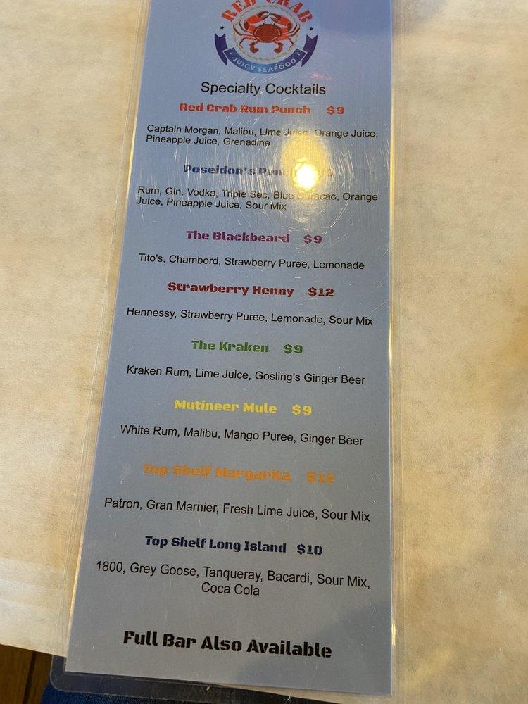 Menu at Red Crab Juicy Seafood restaurant, Fredericksburg
