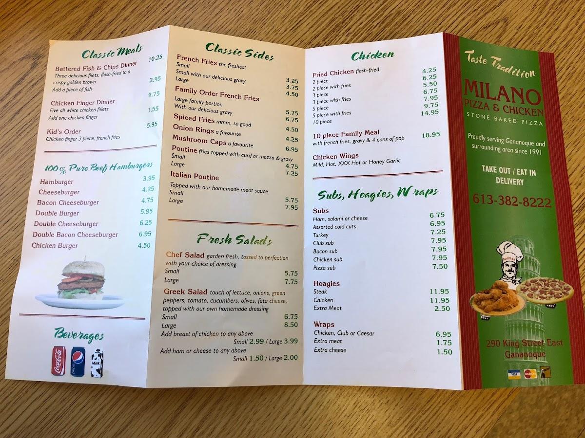 Menu at Milano Pizzeria, Gananoque