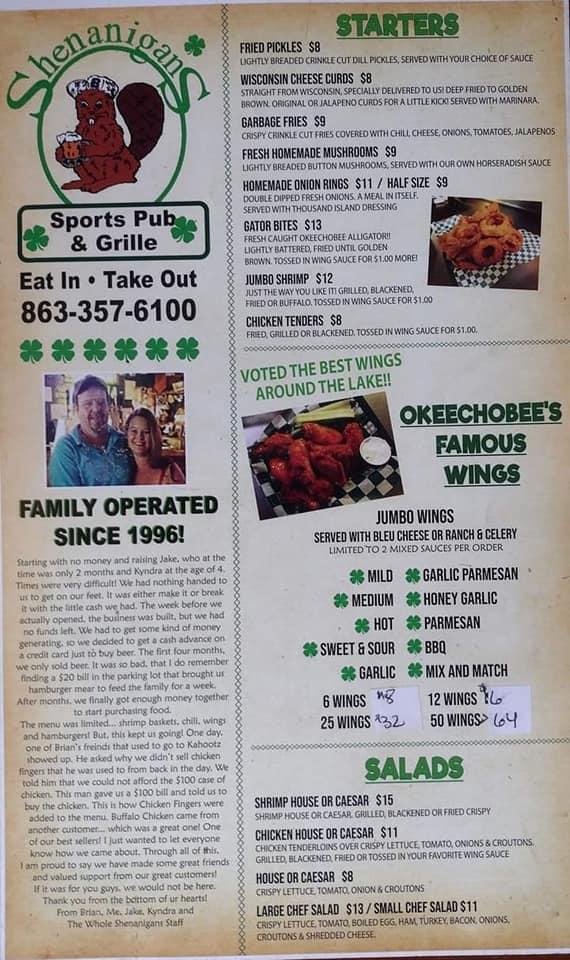 Menu at Shenanigans pub & bar, Okeechobee, US98
