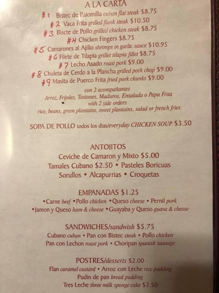 Menu at Havana restaurant, Newark