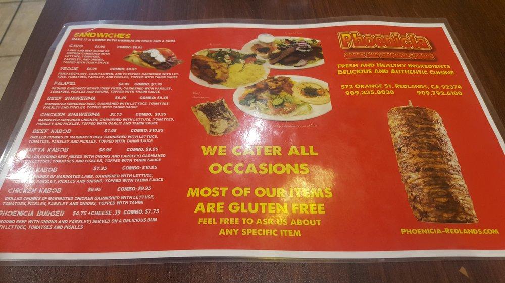 Menu at Phoenicia restaurant, Redlands