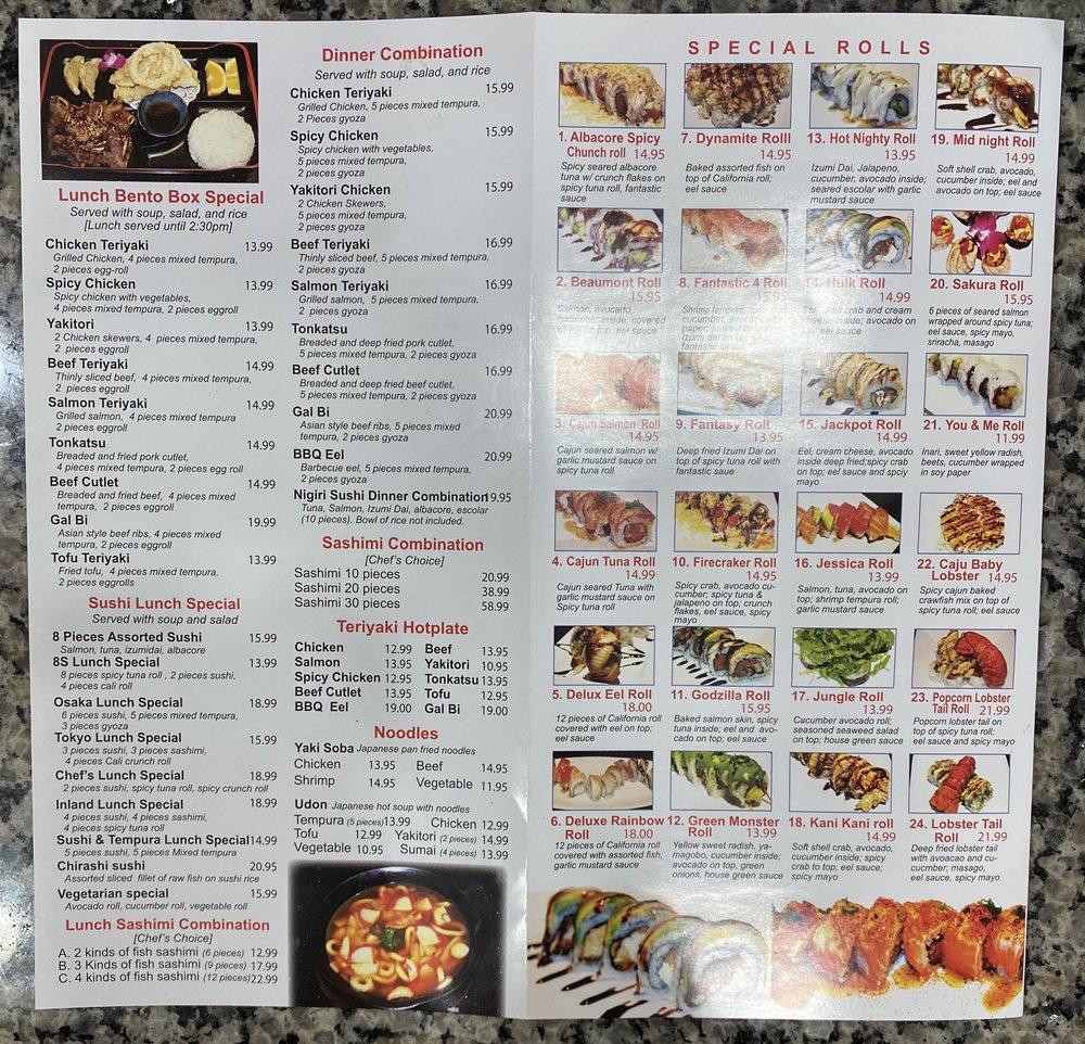 Menu at Sugoi Sushi restaurant, Beaumont