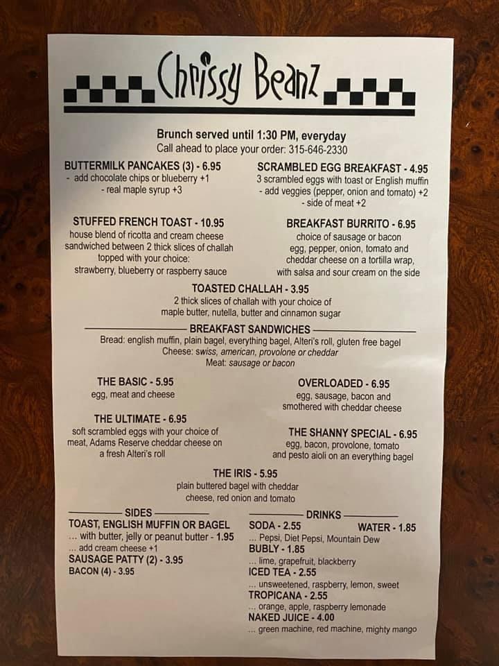 Menu at Chrissy Beanz Bakery & Café, Sackets Harbor