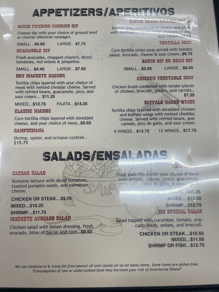 Menu at Don Machete Mexican Restaurant, Hardeeville
