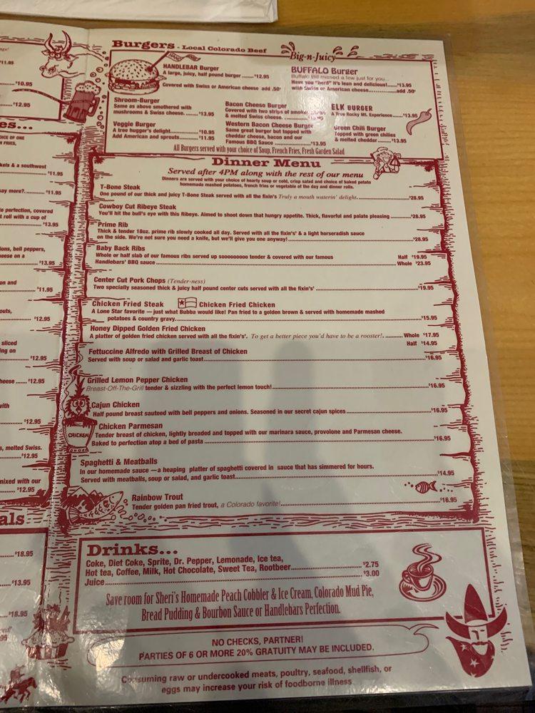 Menu at Handlebars Food & Saloon, Silverton