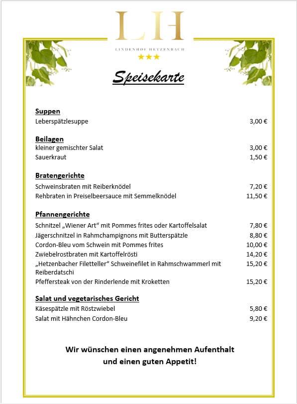 Speisekarte Von Lindenhof Hetzenbach Restaurant, Zell, Regensburger Str. 11