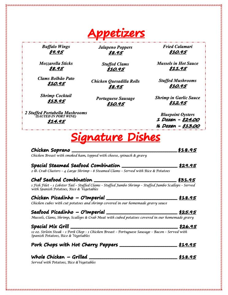 Menu at O'Imperial Bar & Restaurant, Kearny