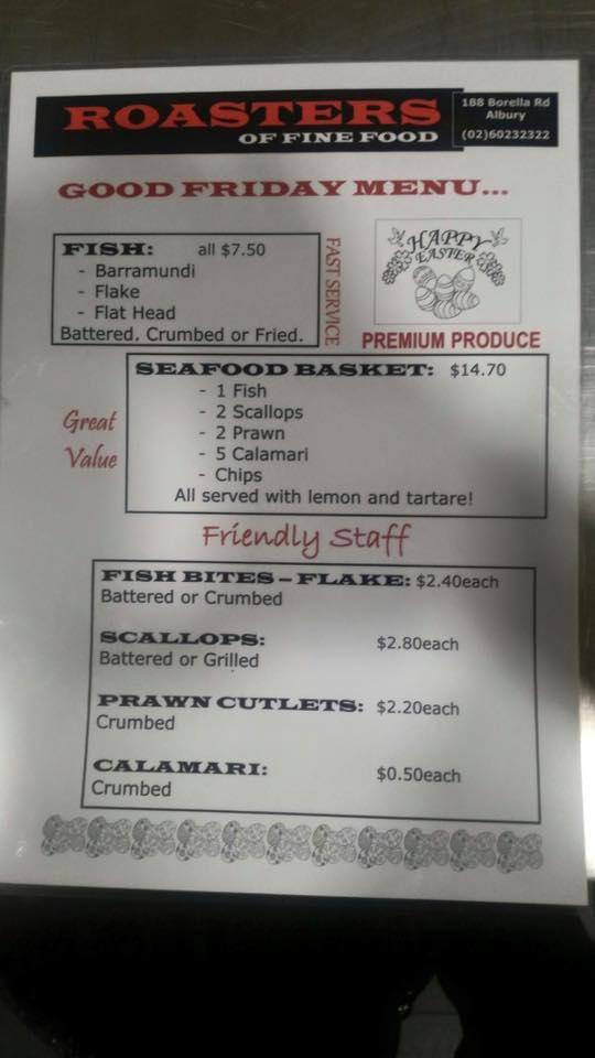 Menu at Roasters of fine food restaurant, Albury