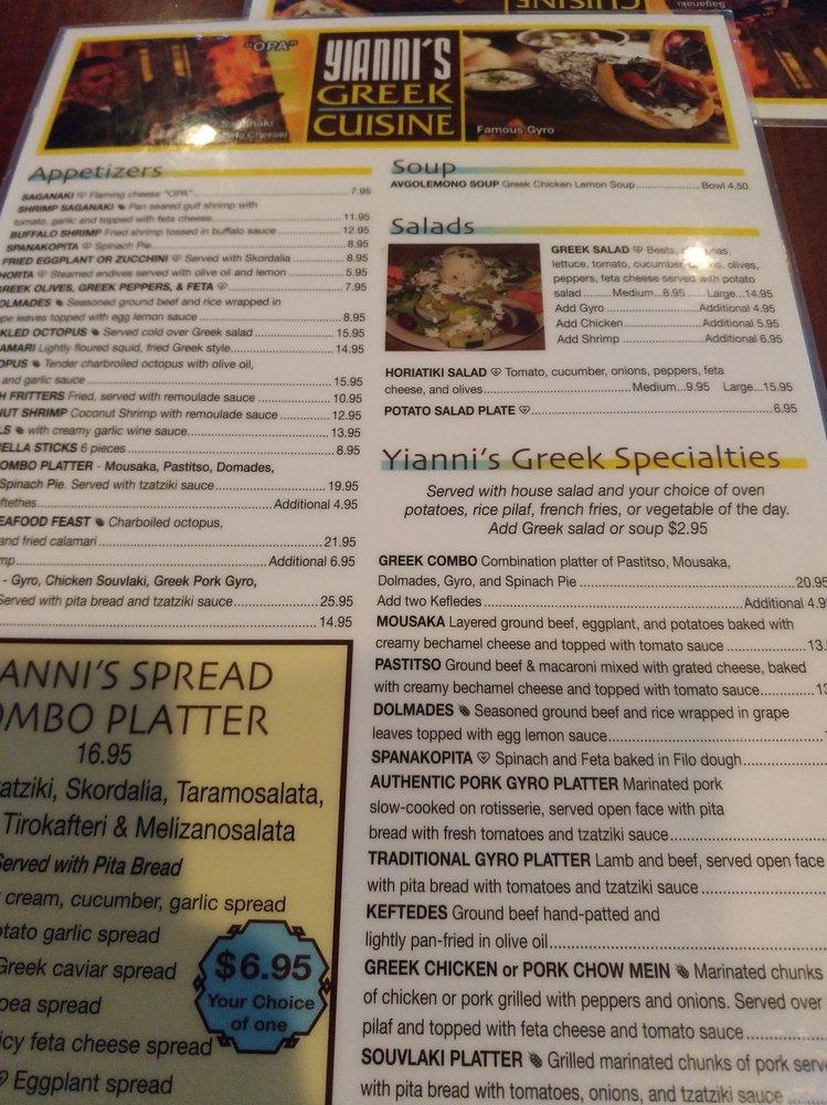 Menu at Yianni's Greek Cuisine restaurant, Tarpon Springs