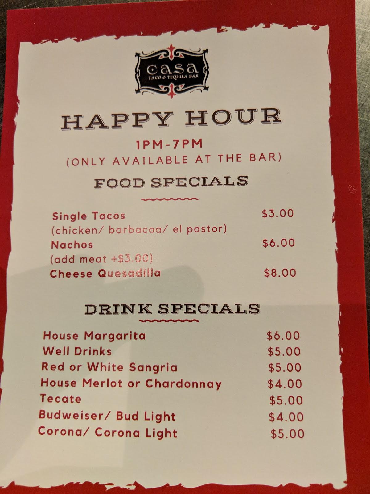 Carta de Casa Taco & Tequila Bar, Atlantic City