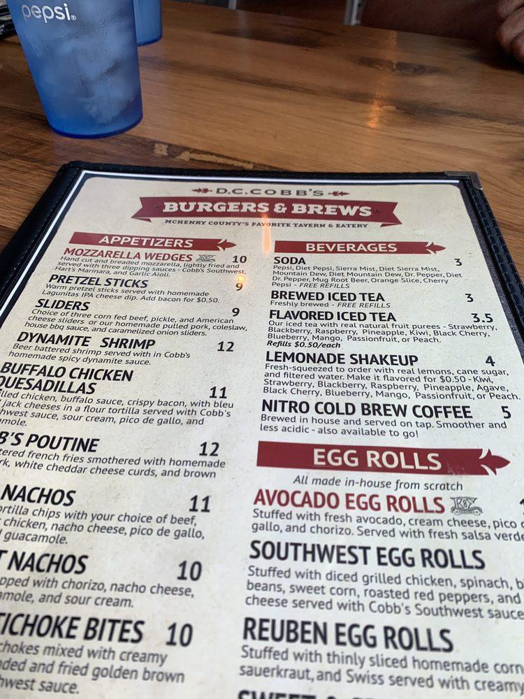 Menu at D.C. Cobb's pub & bar, McHenry