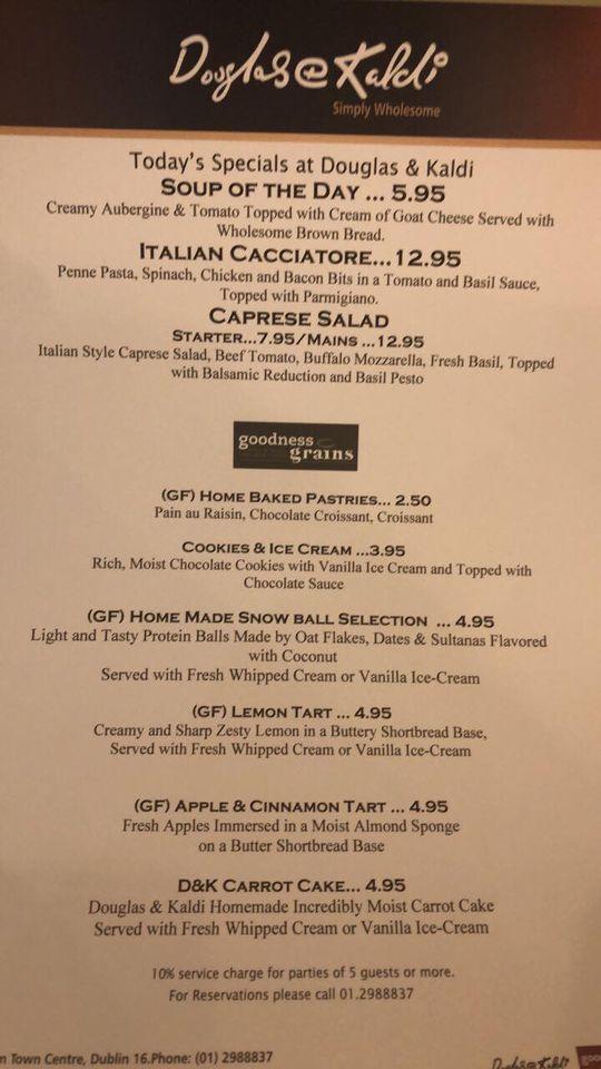 Menu at Douglas & Kaldi Terrace Café and Restaurant, Dublin, Dundrum