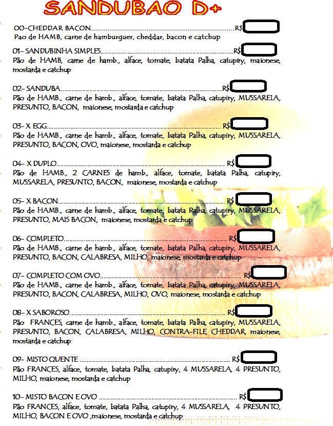 Sandubao D+ cardápio