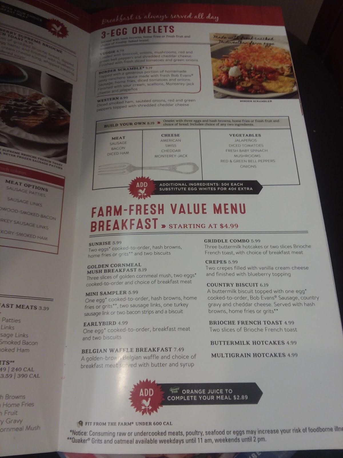 Menu at Bob Evans restaurant, North Olmsted, Lorain Rd