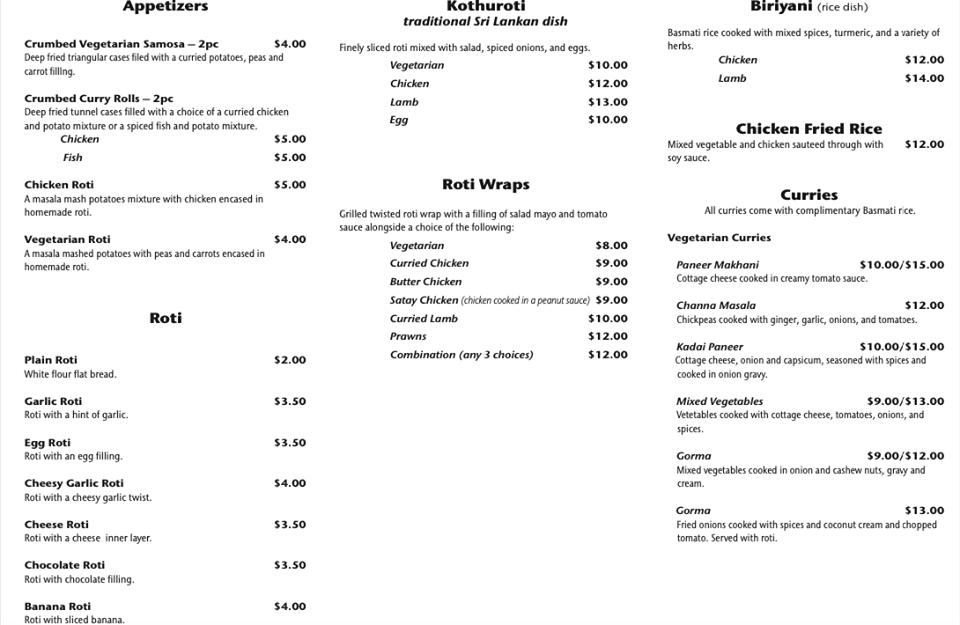 Menu at Roti Variety restaurant, Wellington