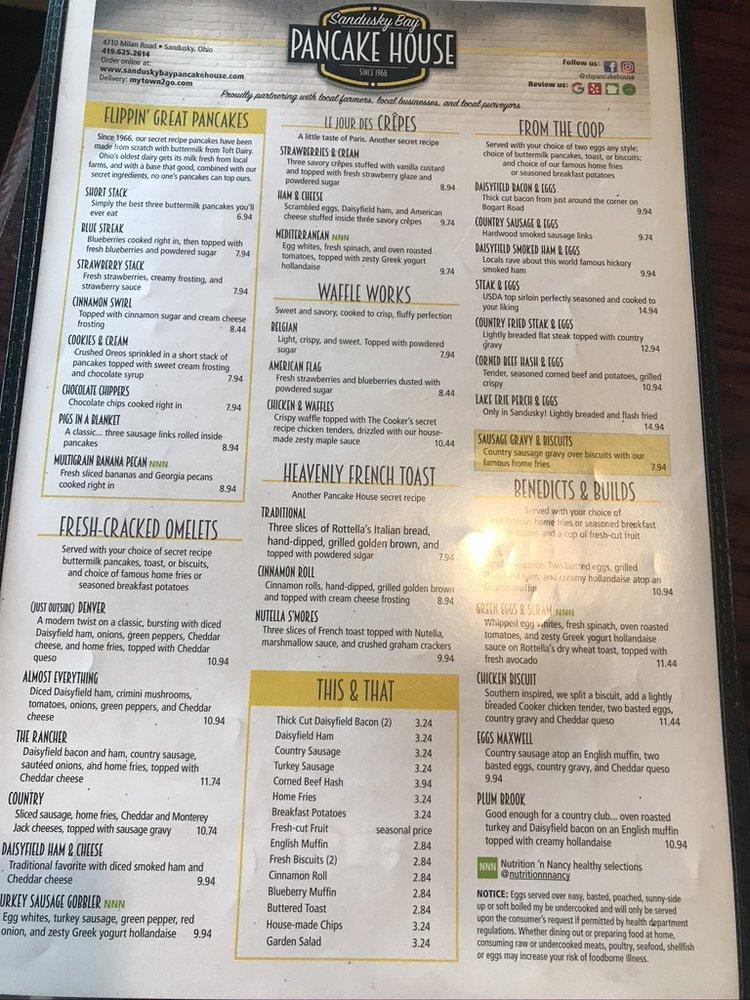 Menu at Sandusky Bay Pancake House restaurant, Sandusky
