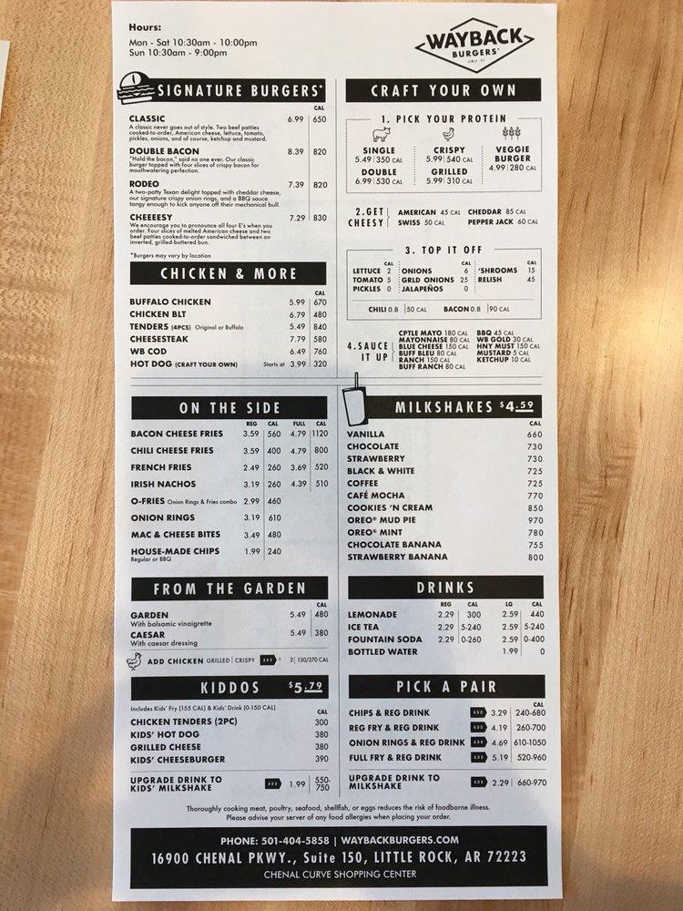 Menu at Wayback Burgers restaurant, Little Rock
