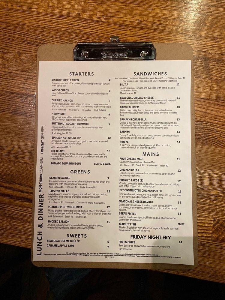 Menu at Bar 430, Oshkosh