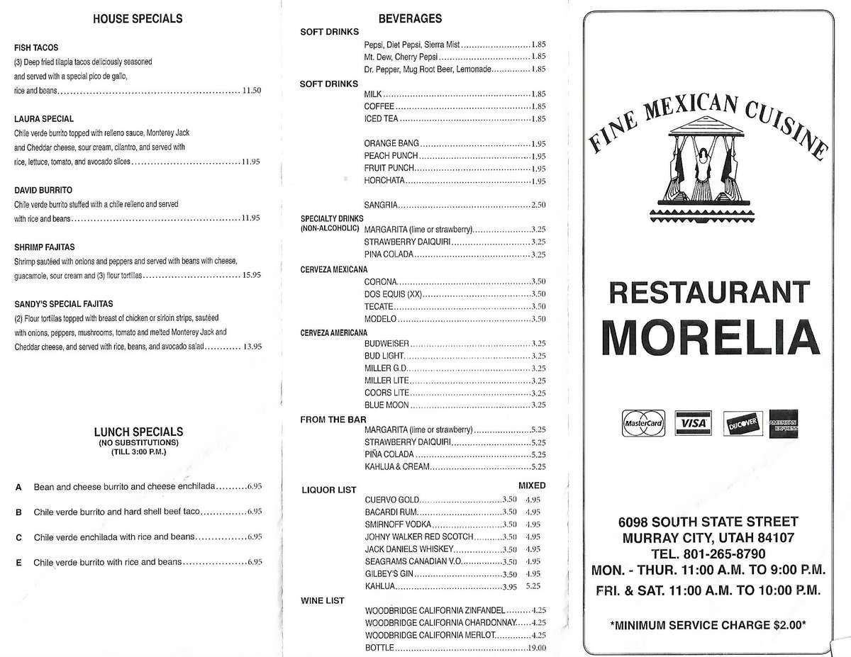 Menu at Restaurant Morelia, Salt Lake City