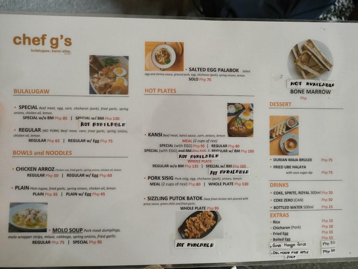 Menu at Chef G's Doña Vicenta Counter restaurant, Davao City