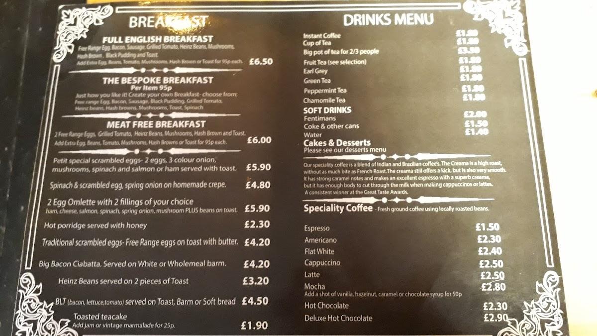 Menu at Petite Bistro cafe, Rochdale