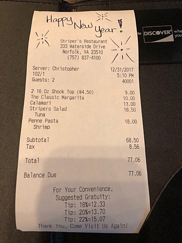 Menu at Stripers Waterside restaurant, Norfolk, 333 Waterside Dr