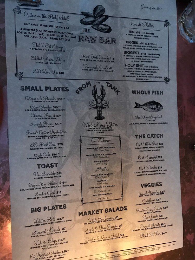 Menu at Ironside Fish & Oyster restaurant, San Diego, India St