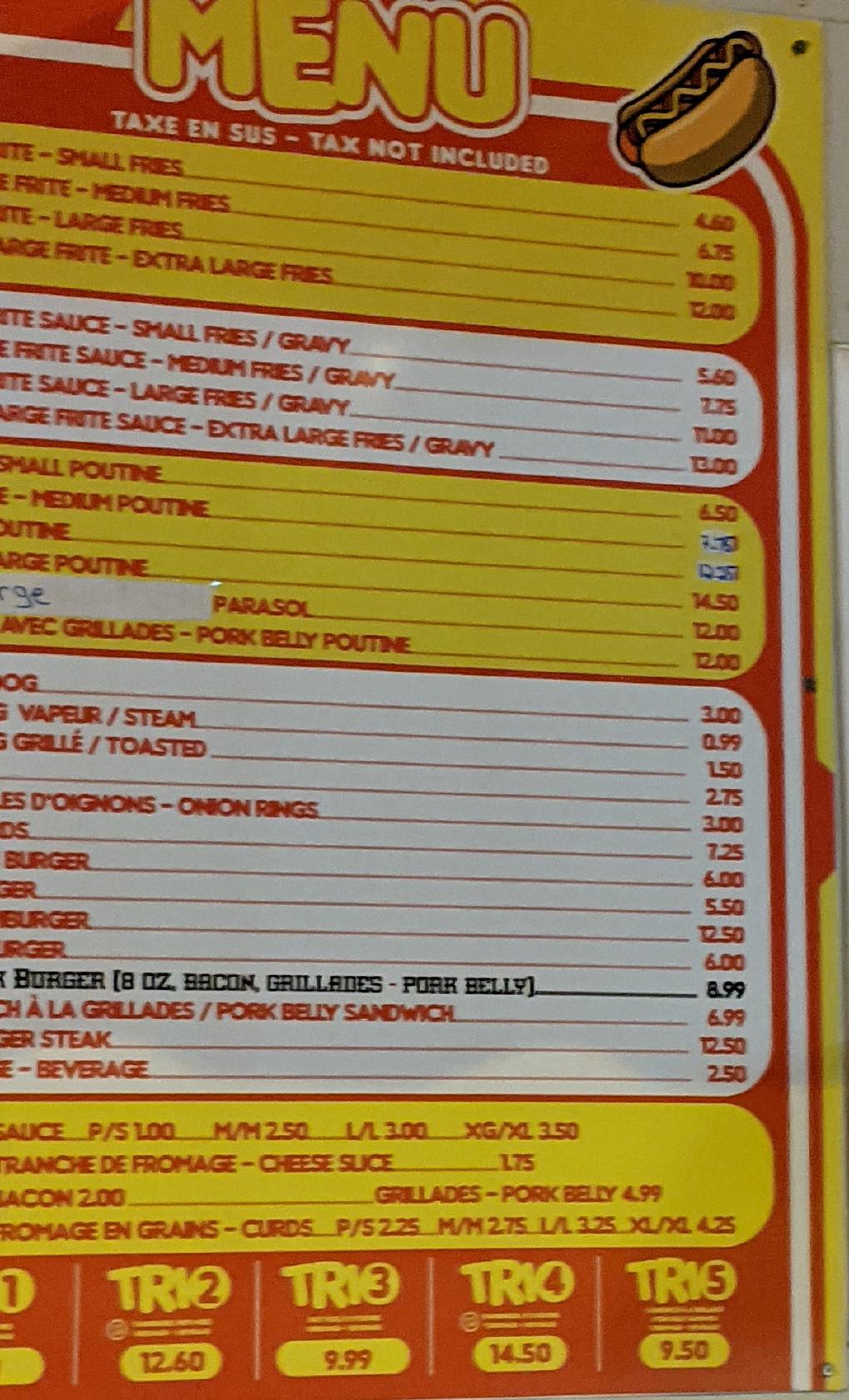 Menu at Lamoureux Snack Bar, Hawkesbury