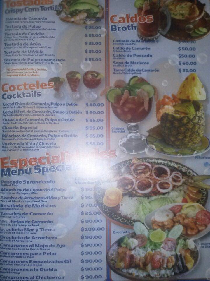 Menu at Mariscos Chilo restaurant, Mexico, Carretera