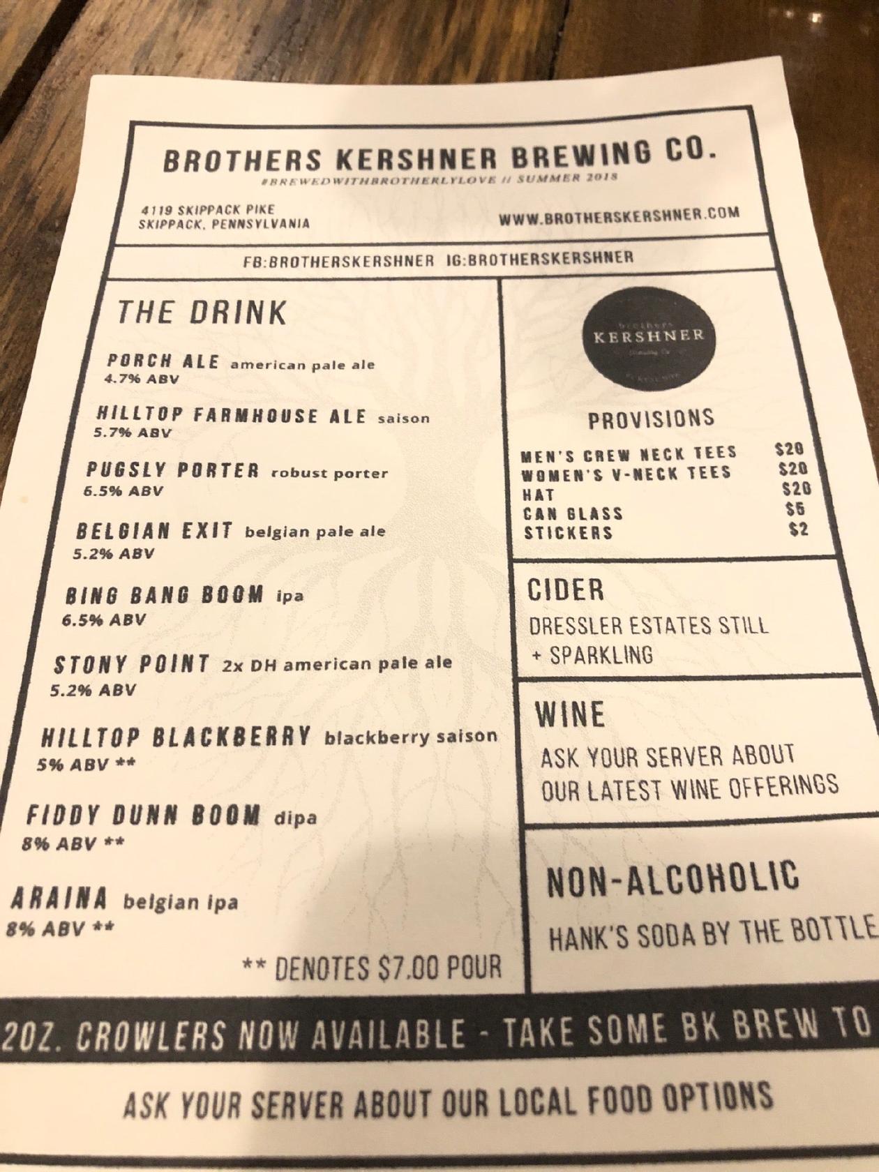 Menu at Brothers Kershner Brewing Co., Skippack