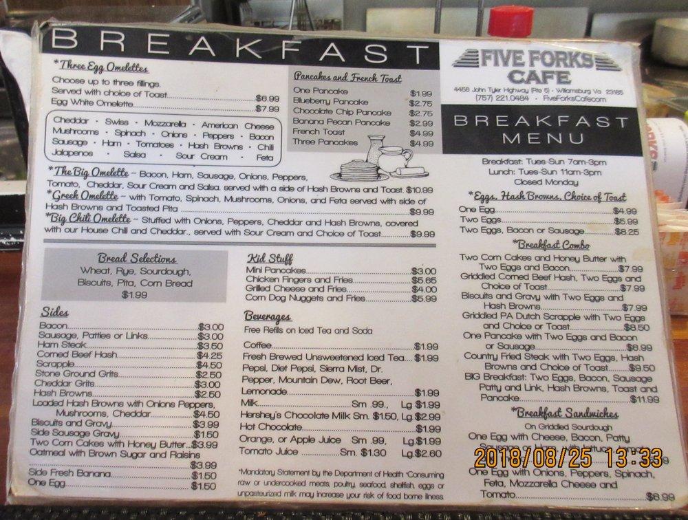 Menu at Five Forks Cafe, Williamsburg, John Tyler Hwy