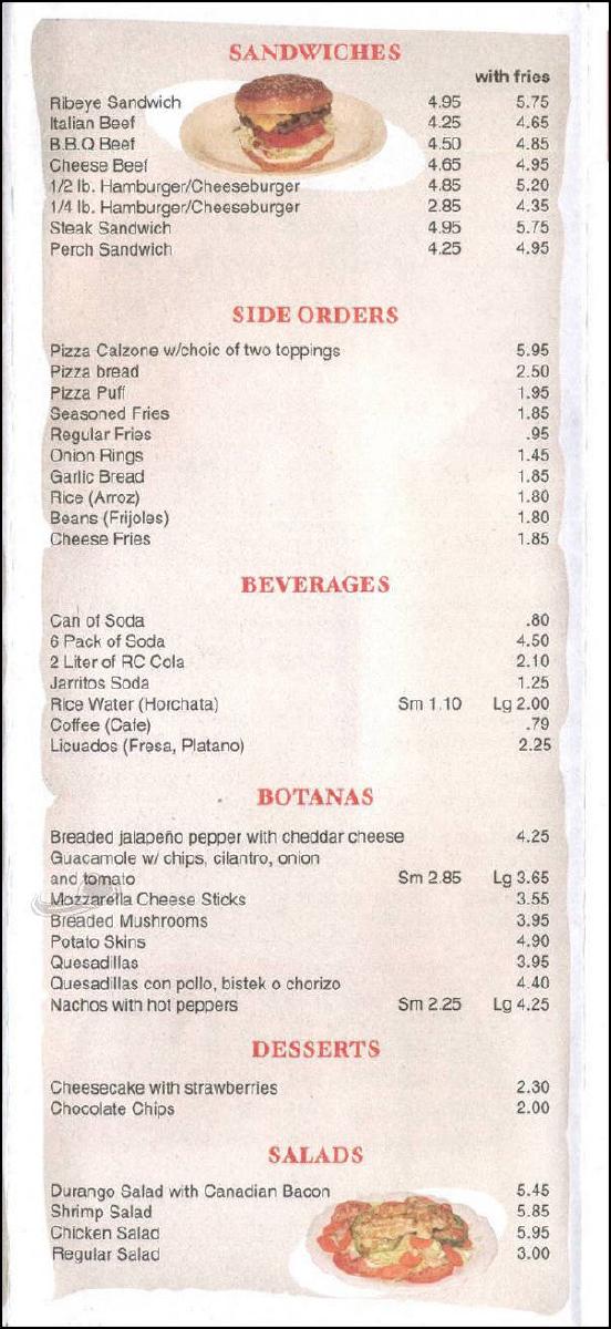 Menu at Durangos pizza and Mexican restaurant, Chicago