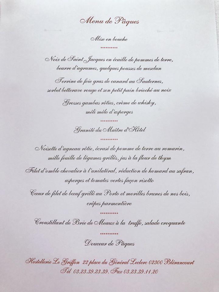 Menu At Hostellerie Le Griffon Restaurant Blerancourt