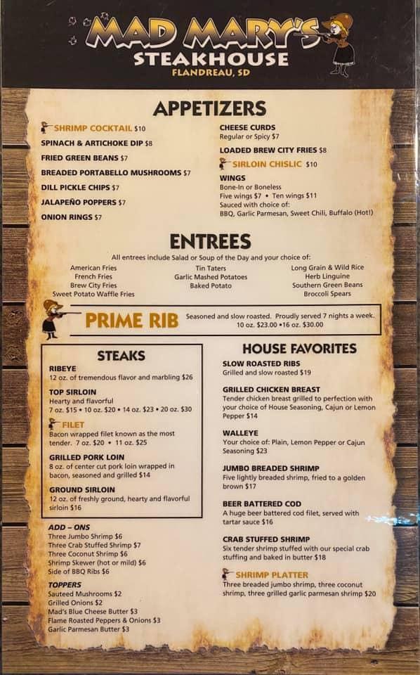 Menu at Mad Mary's Steak House steakhouse, Flandreau