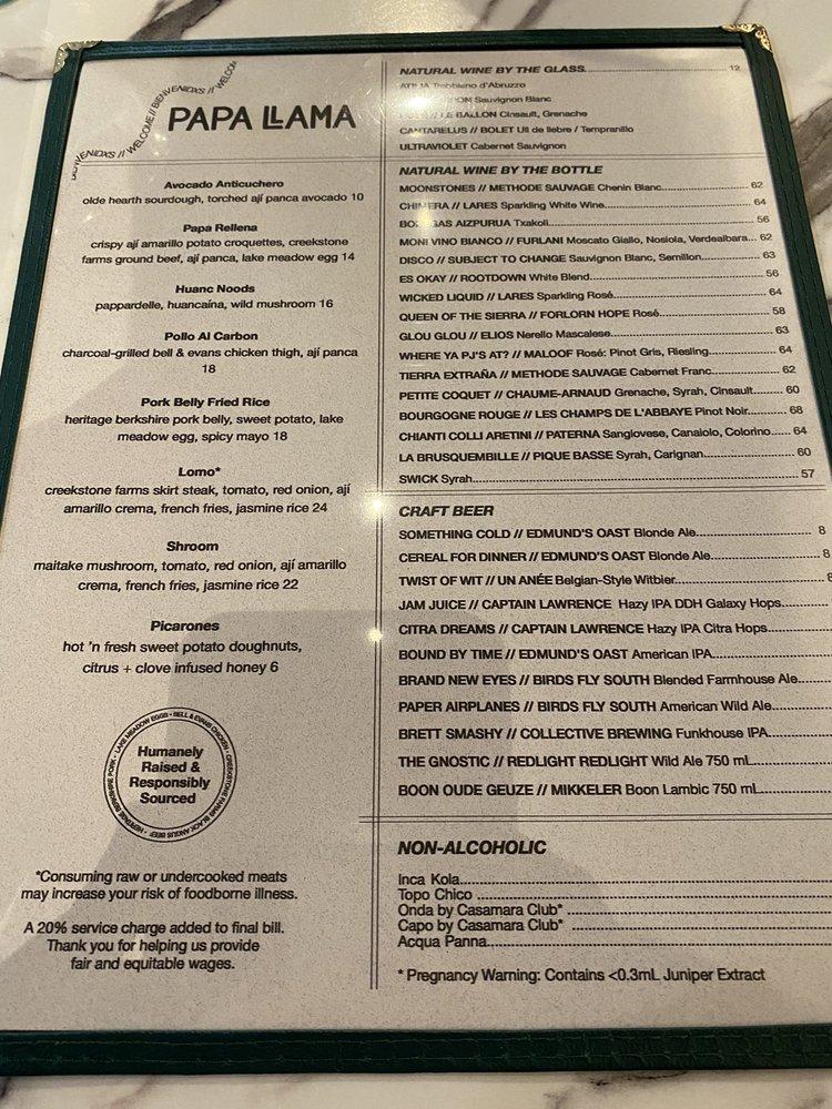 Menu at PAPA LLAMA restaurant, Orlando