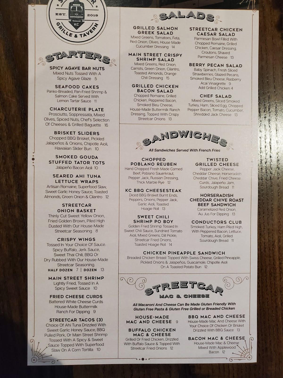Carta del pub y bar Streetcar Grille & Tavern, Kansas City