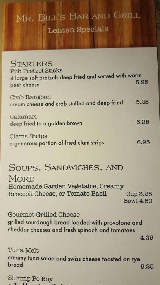 Menu at Mr Bill's Bar & Grill, Quincy