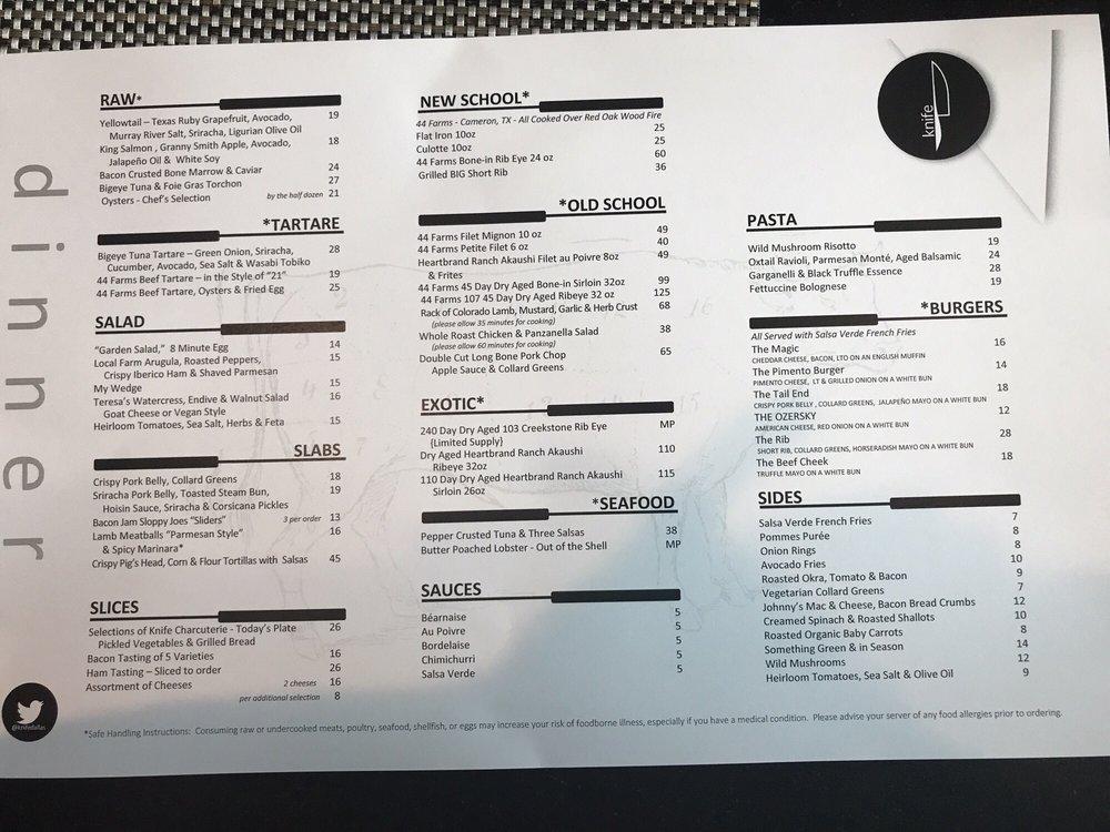 Menu at Knife steakhouse, Dallas