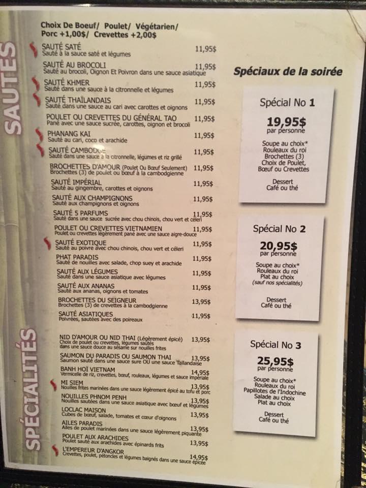 Menu at Restaurant Paradis D'Asie, Trois-Rivières