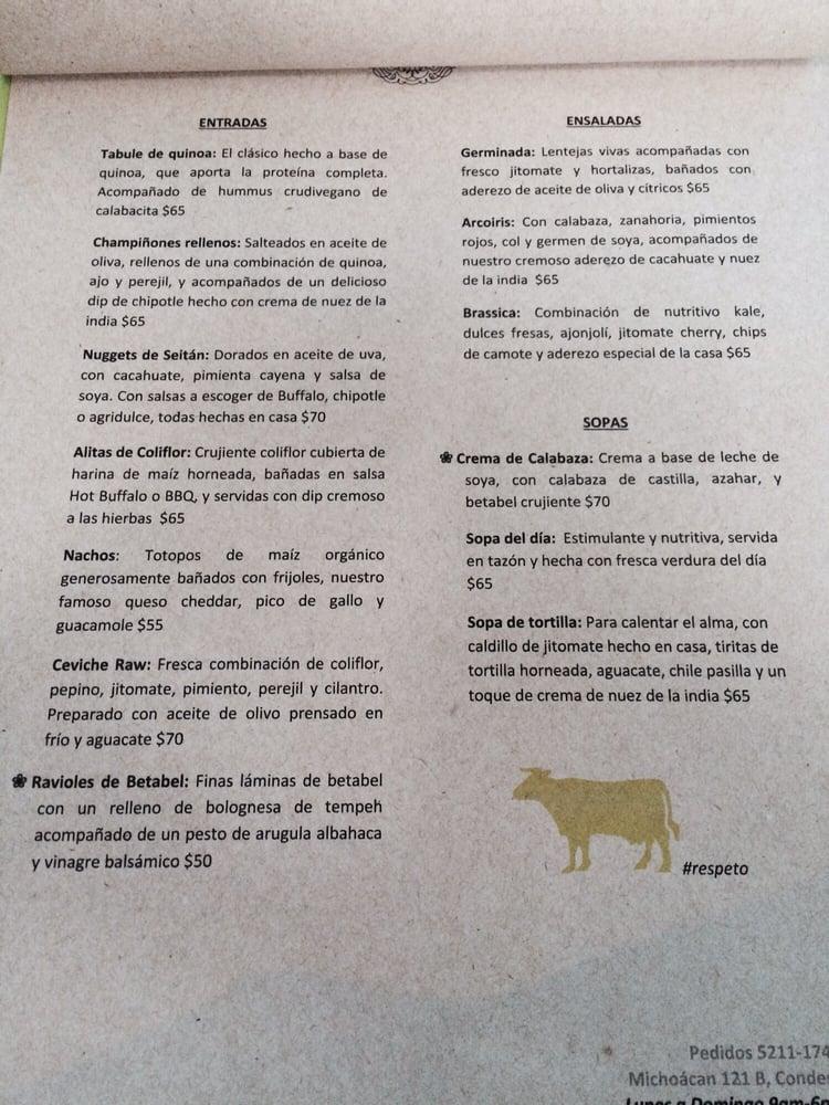 Menu at Los Antojos del Alma restaurant, Mexico City