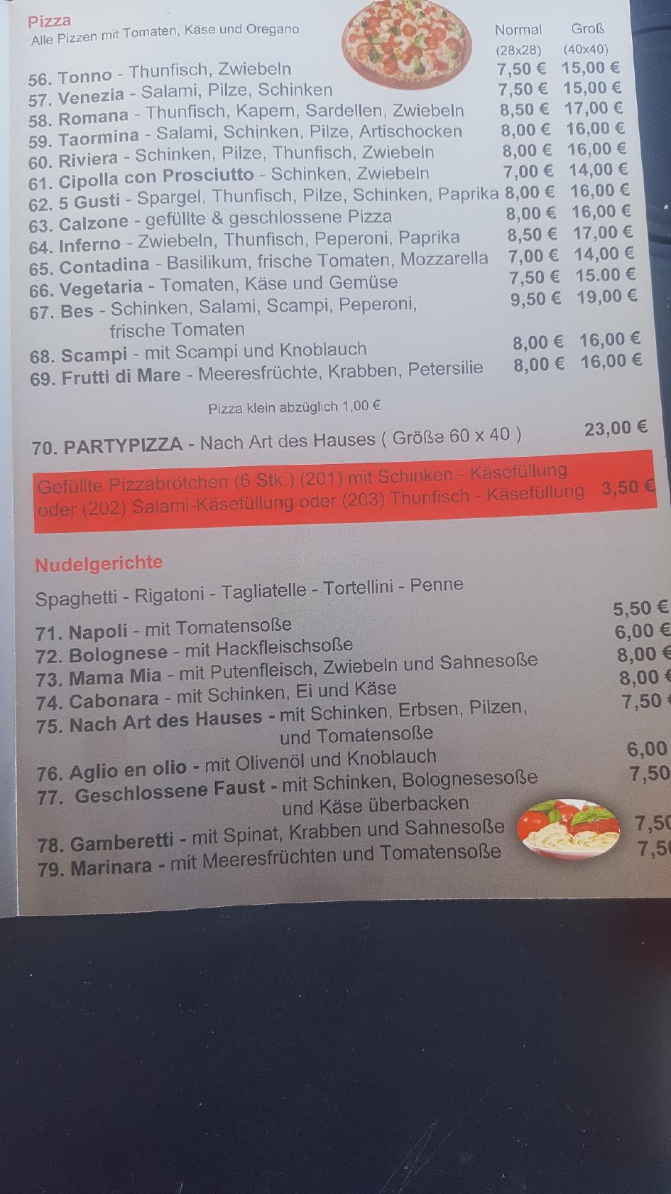 Speisekarte von Pizzeria Etna Wenden, Wenden