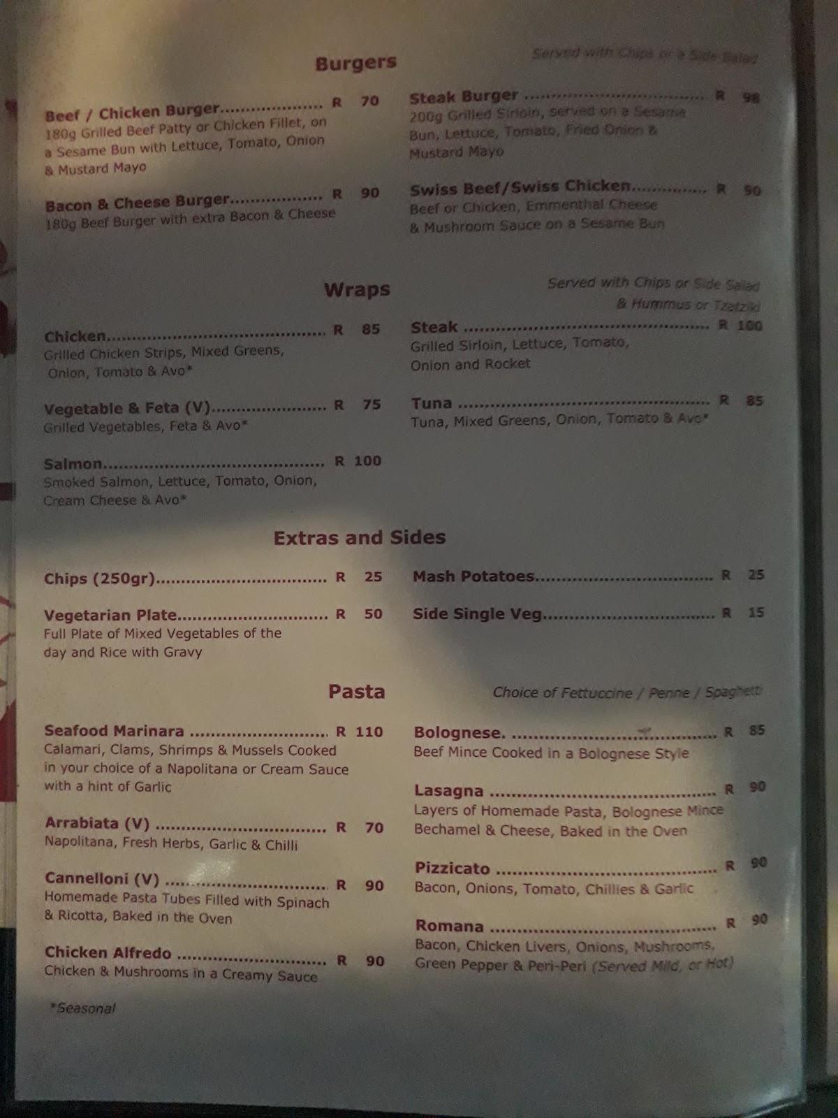 Menu at Zoe's restaurant, Pretoria