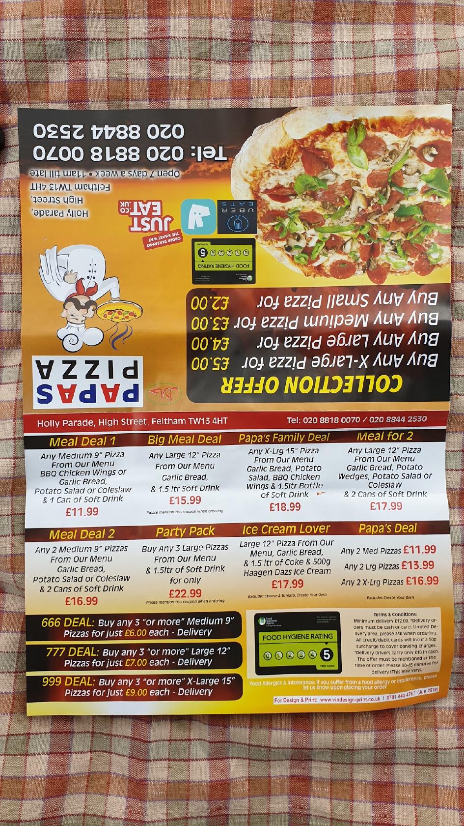 Papa's Pizza Menu - Takeaway in London, Delivery Menu & Prices