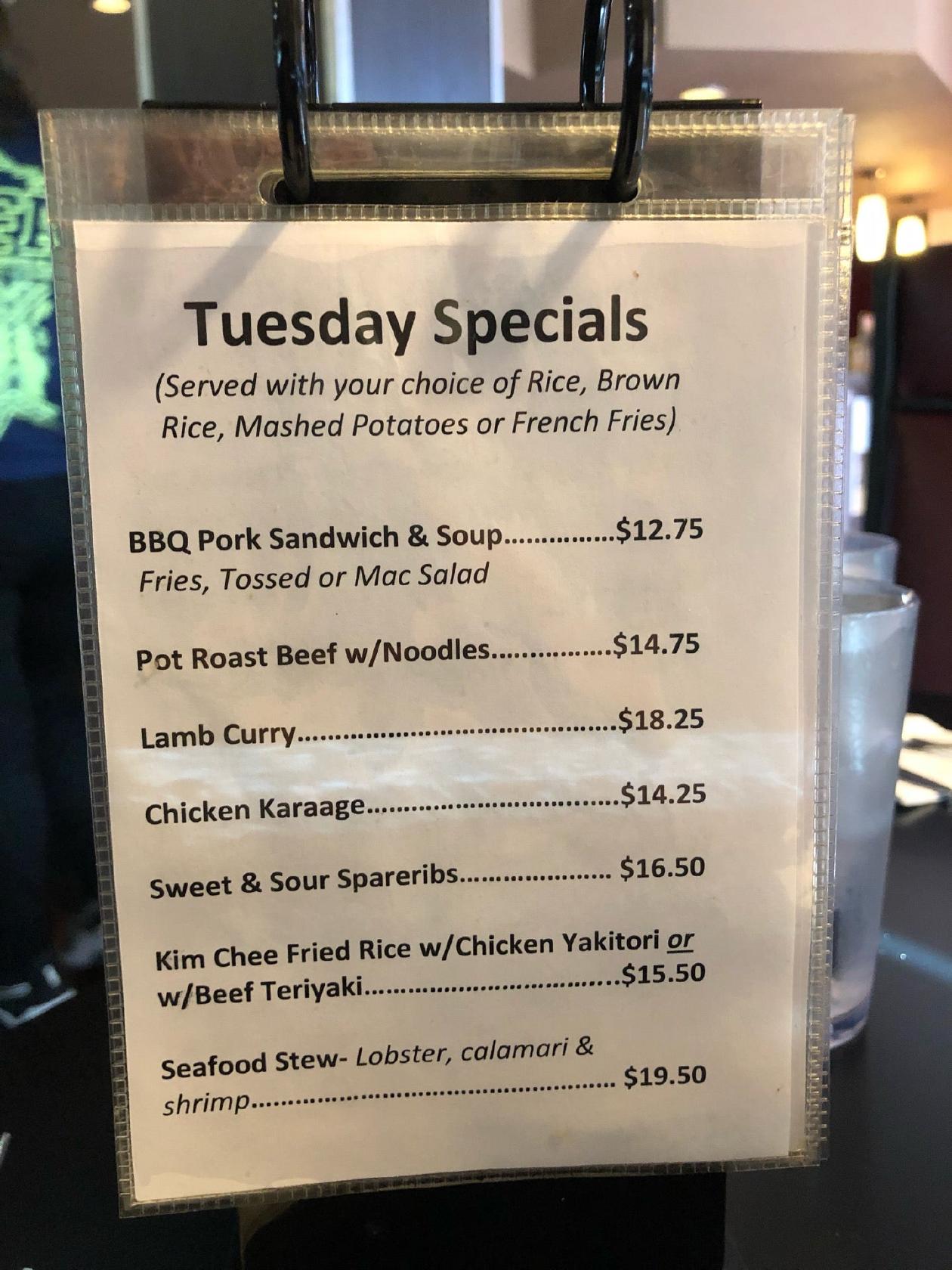 Menu at Eagle Cafe, Honolulu