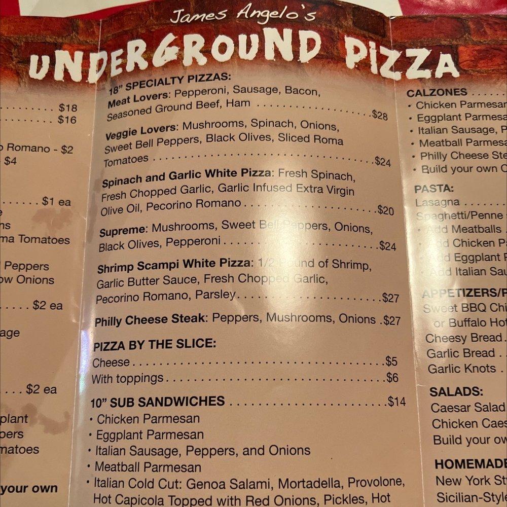 Menu at James Angelo's Underground Pizza pizzeria, Waimea