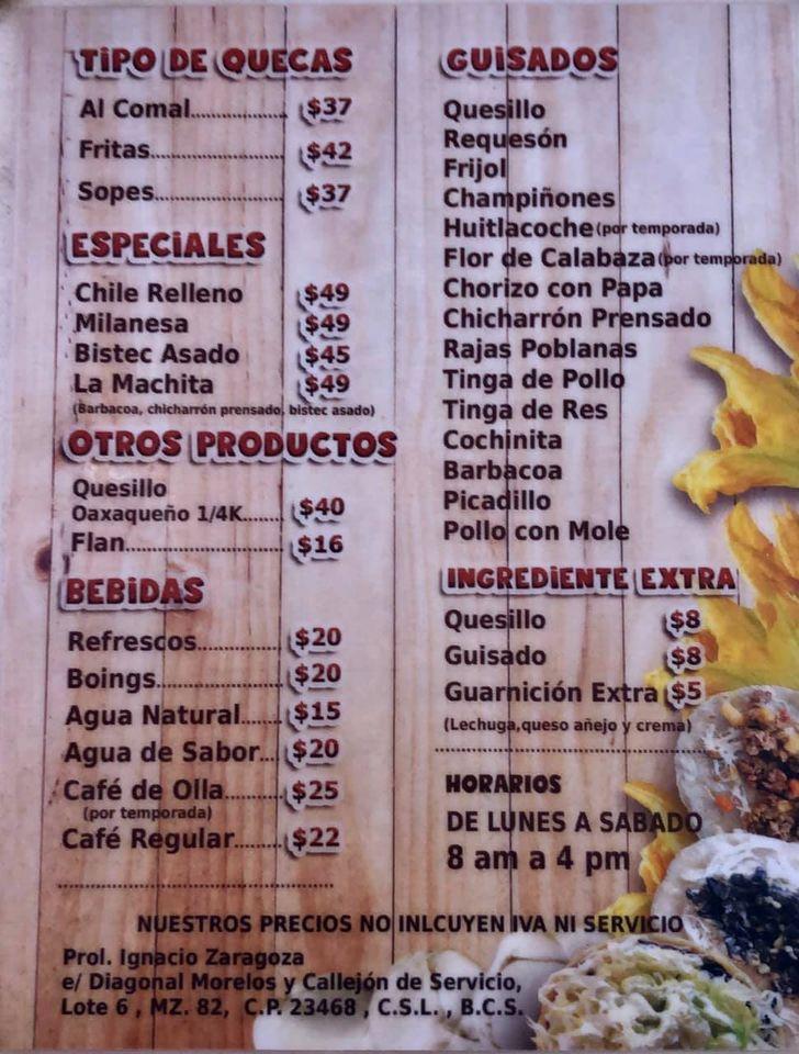 Menu at QUECAS EL COMAL restaurant, Cabo San Lucas