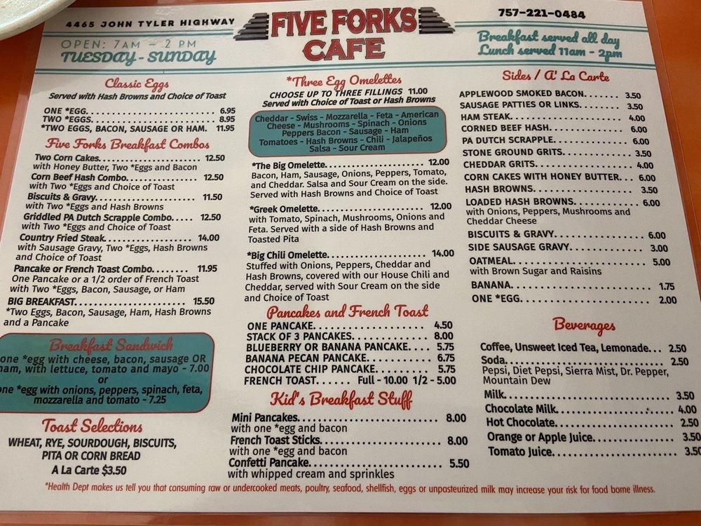 Menu at Five Forks Cafe, Williamsburg, John Tyler Hwy