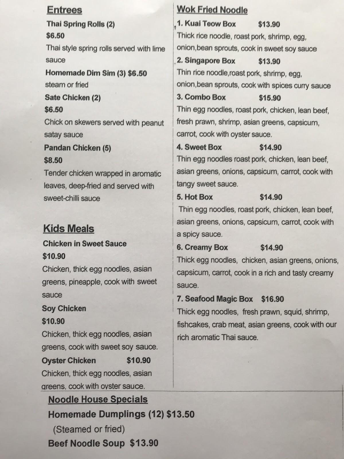 Menu at Noodle House restaurant, Ridgehaven